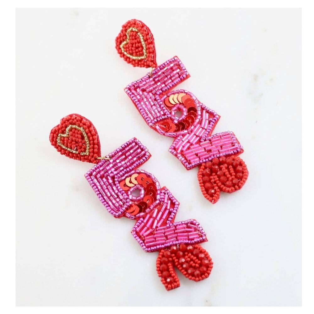 Allie Beads LOVE Beaded Heart Drop Earrings Red Pink NWT